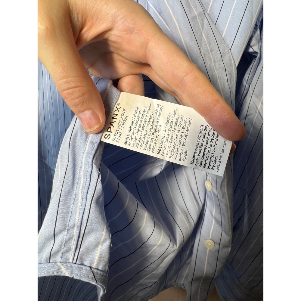 SPANX Womens 1X 1T Striped Cotton Button Down Shirt Blue White Long Sleeve Top - Picture 5 of 6